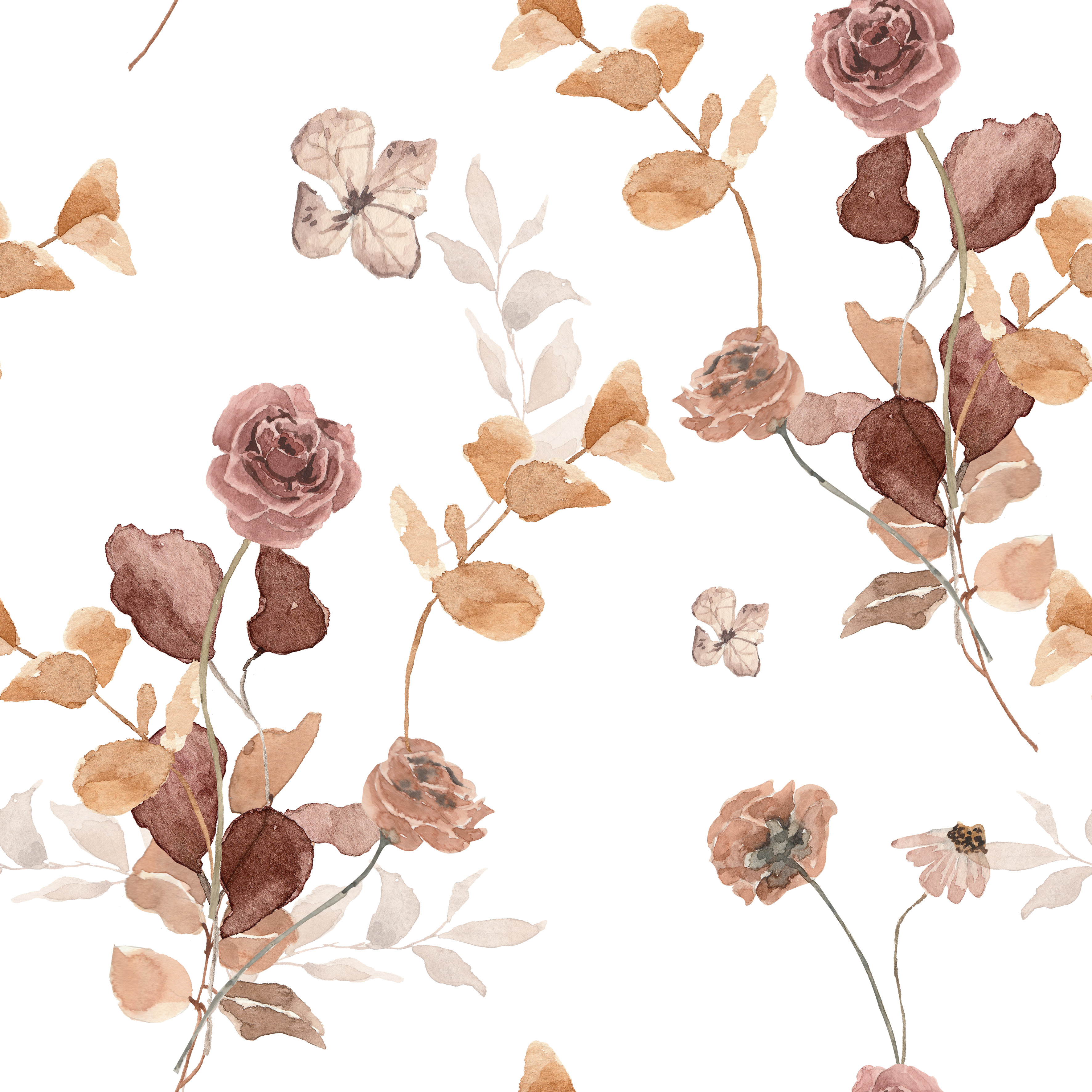 A close-up view of Autumn Floral Wallpaper, displaying detailed and delicate floral designs with roses and butterflies in soft watercolor tones of rose, beige, and muted greens on a clean white background.