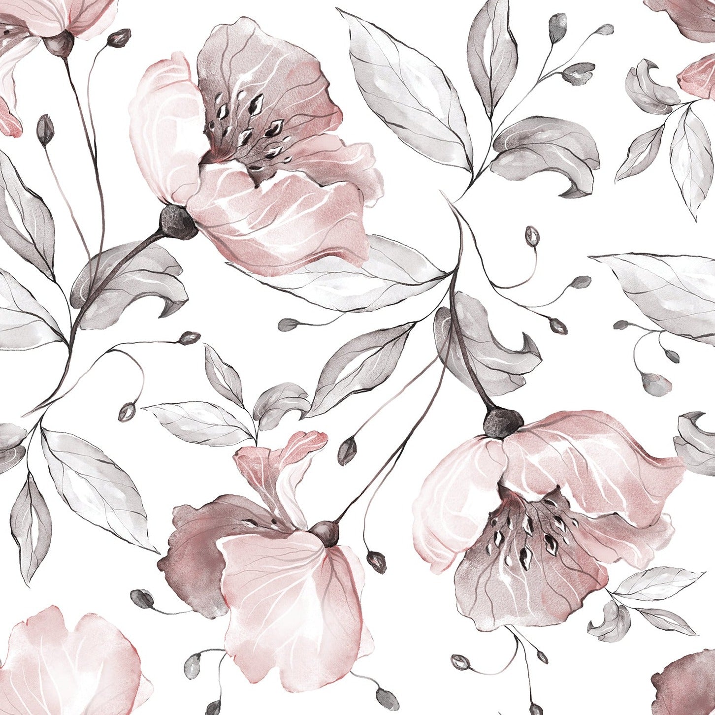 Close-up of Pink Watercolour Floral Wallpaper showcasing intricate watercolor details of pink flowers and grey leaves on a white background.
