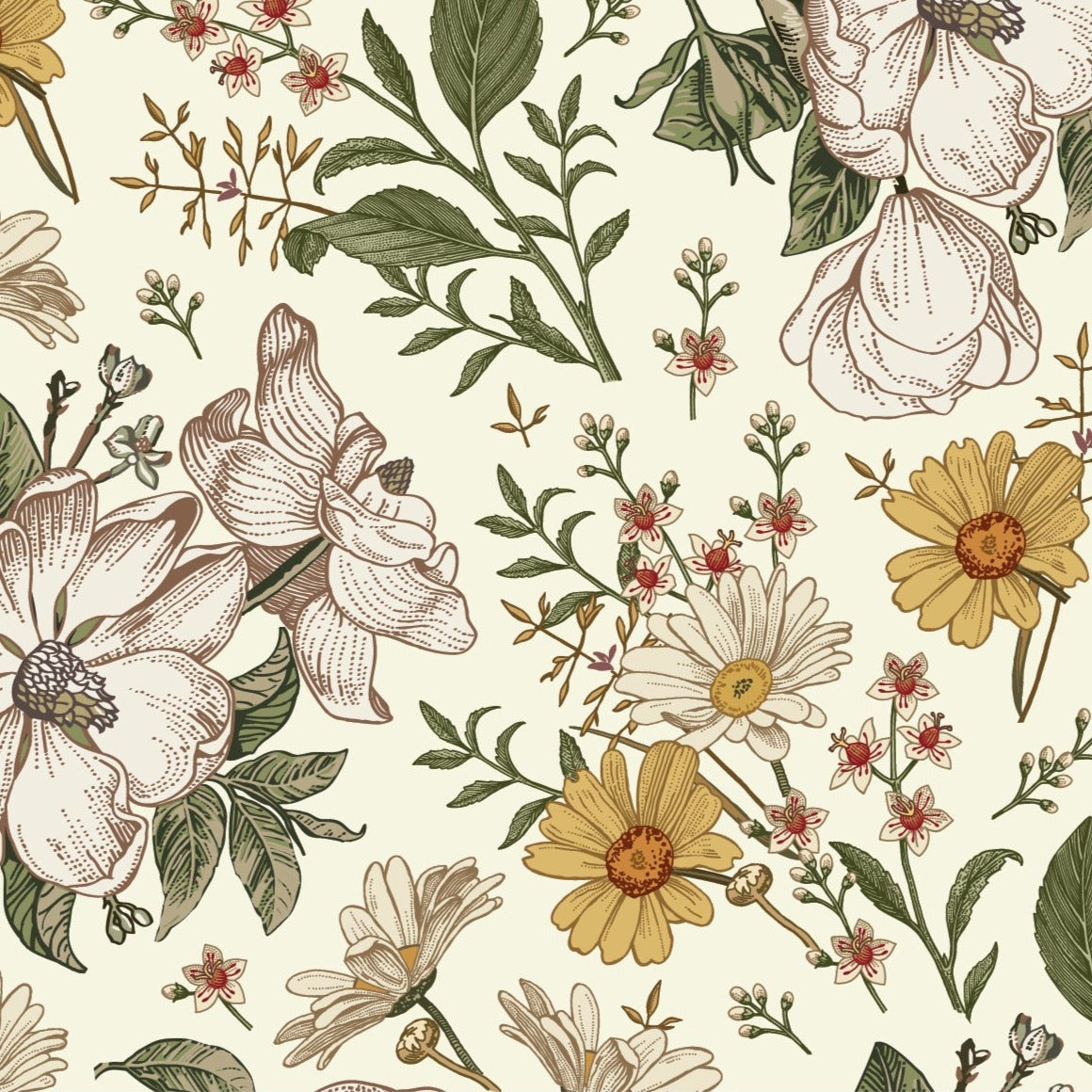 A detailed view of the Floral Wallpaper - Sunny, highlighting its intricate pattern of large magnolias and daisies intertwined with delicate greenery, rendered in a charming hand-illustrated style that brings a touch of nature's beauty indoors.