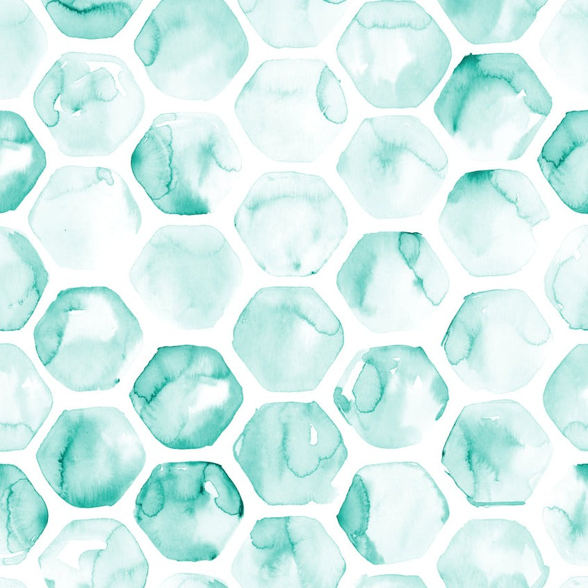 Seamless pattern of turquoise hexagonal honeycomb shapes, with a watercolor texture, depicted on a white background. The color varies in shade, adding depth and a handmade feel to the design.