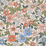 Detailed view of Watercolour Floral Wallpaper II featuring coral, blue, and white flowers in a watercolor style
