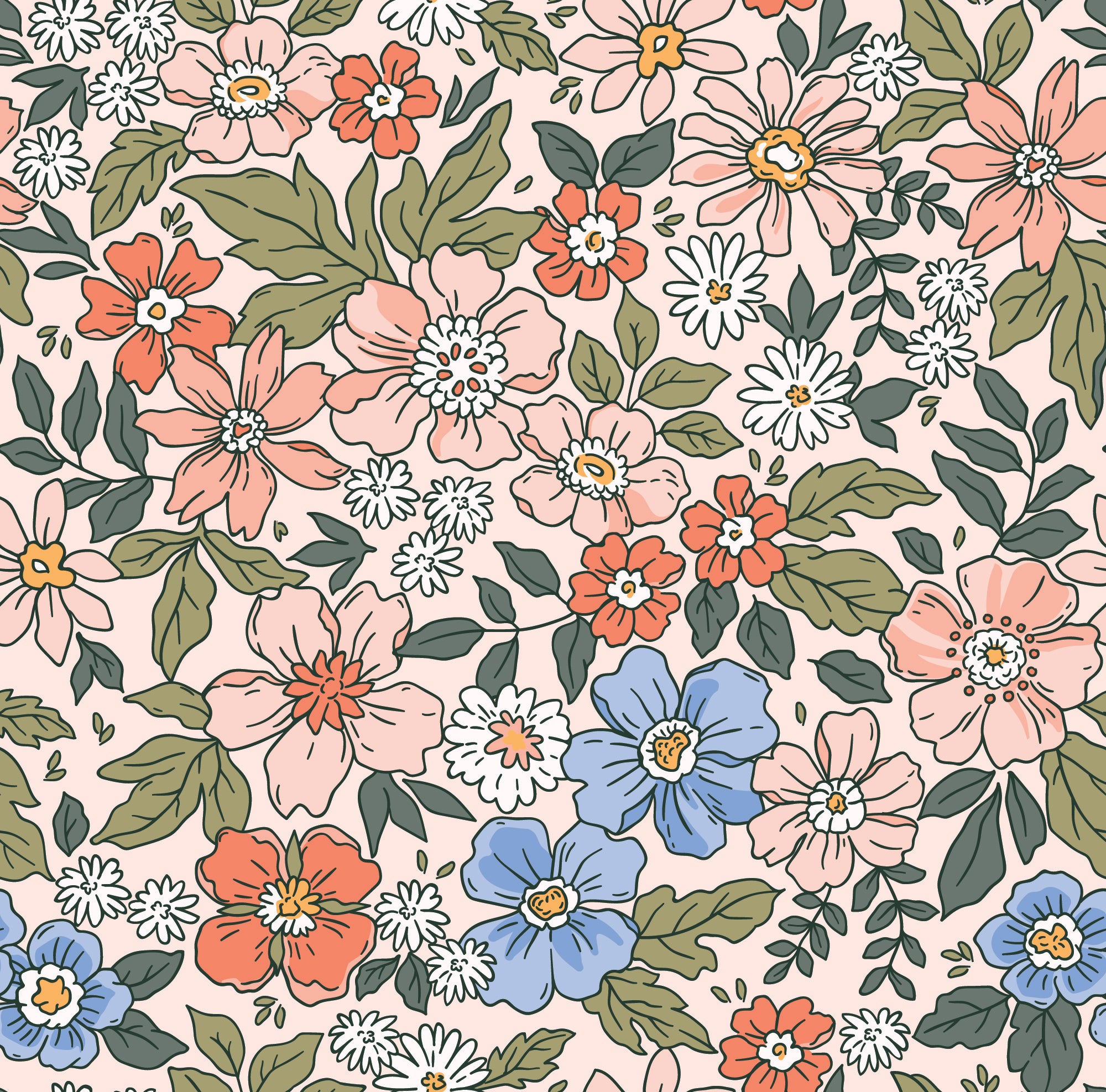 Detailed view of Watercolour Floral Wallpaper II featuring coral, blue, and white flowers in a watercolor style