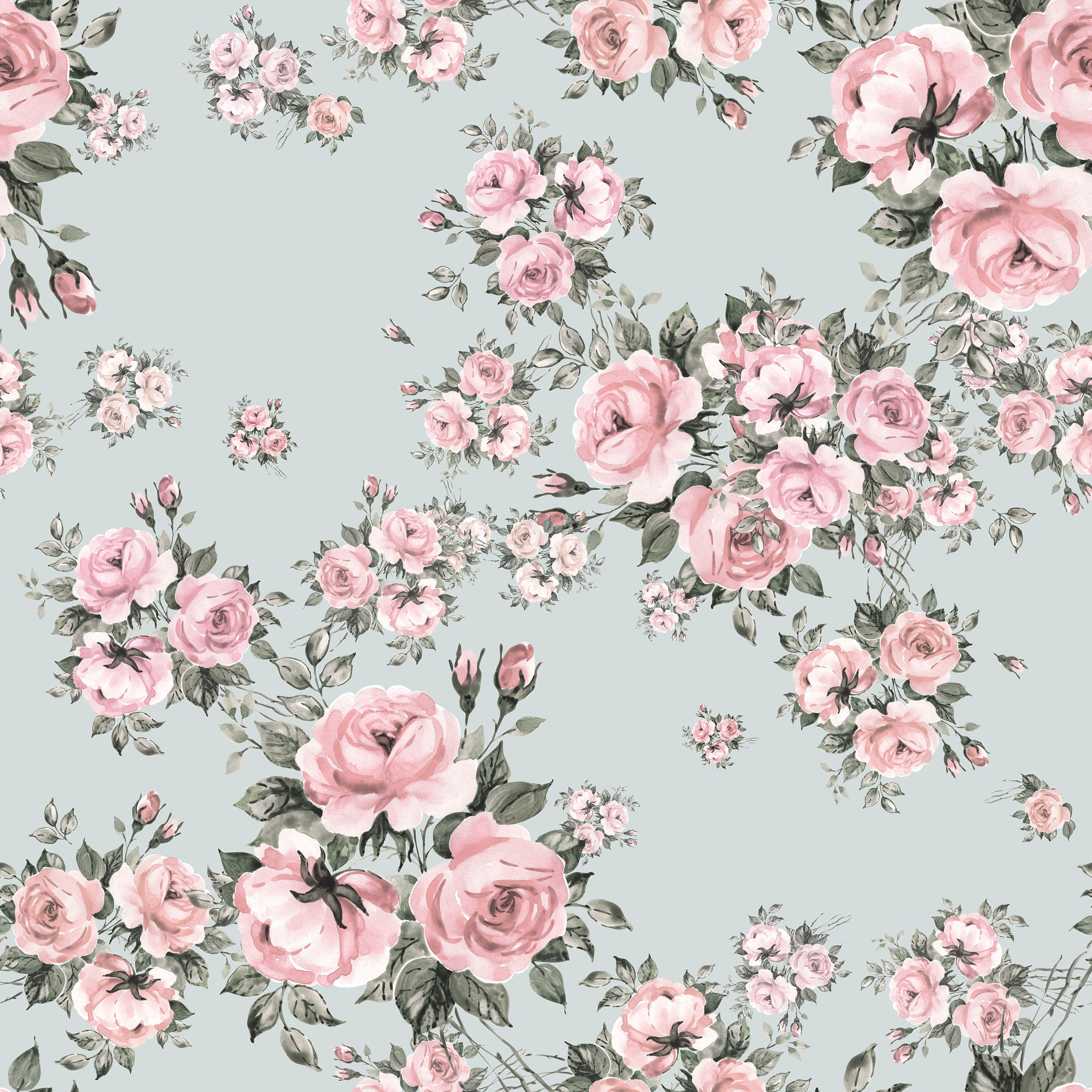 Close-up view of Rose Bouquet Wallpaper II, showing its intricate pattern of pink roses and green leaves on a light blue background, highlighting the detailed floral design