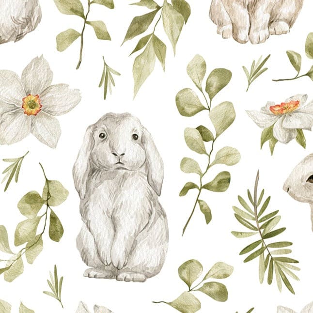 Close-up view of the Watercolour Spring Bunnies Wallpaper showcasing detailed watercolour illustrations of bunnies surrounded by lush greenery and delicate flowers on a white background