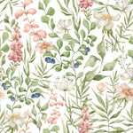 A close-up of the Watercolour Floral and Leaf Wallpaper showing detailed botanical illustrations with a soft watercolor effect. Delicate pink blooms, bluish berries, and varied greenery provide a vibrant yet soothing visual texture, perfect for adding a touch of spring to any interior.