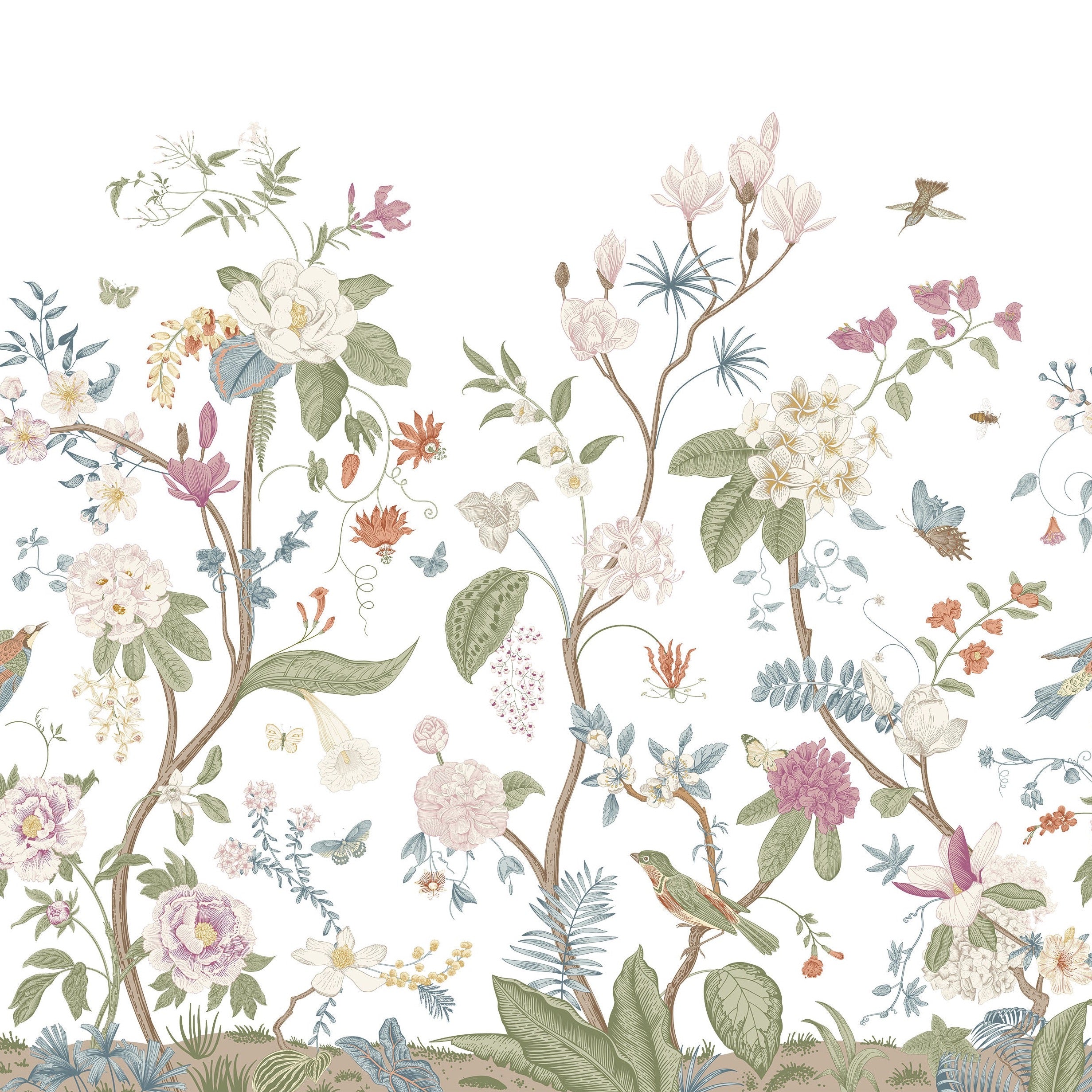 a close-up of the Vintage Floral Mural, allowing for a detailed view of the intricate botanical art. The mural's pattern includes a variety of flowers in soft pastel shades, lush foliage, and playful birds illustrated in a delicate, hand-painted style. This wallpaper design captures the essence of a romantic vintage garden and would lend a sophisticated, timeless feel to any interior space.