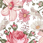 A detailed image of the Floral Wallpaper - Berry Pink, highlighting its intricate and lush botanical print with various flowers in shades of pink, ranging from soft pastels to deep berry hues, set against a white background.
