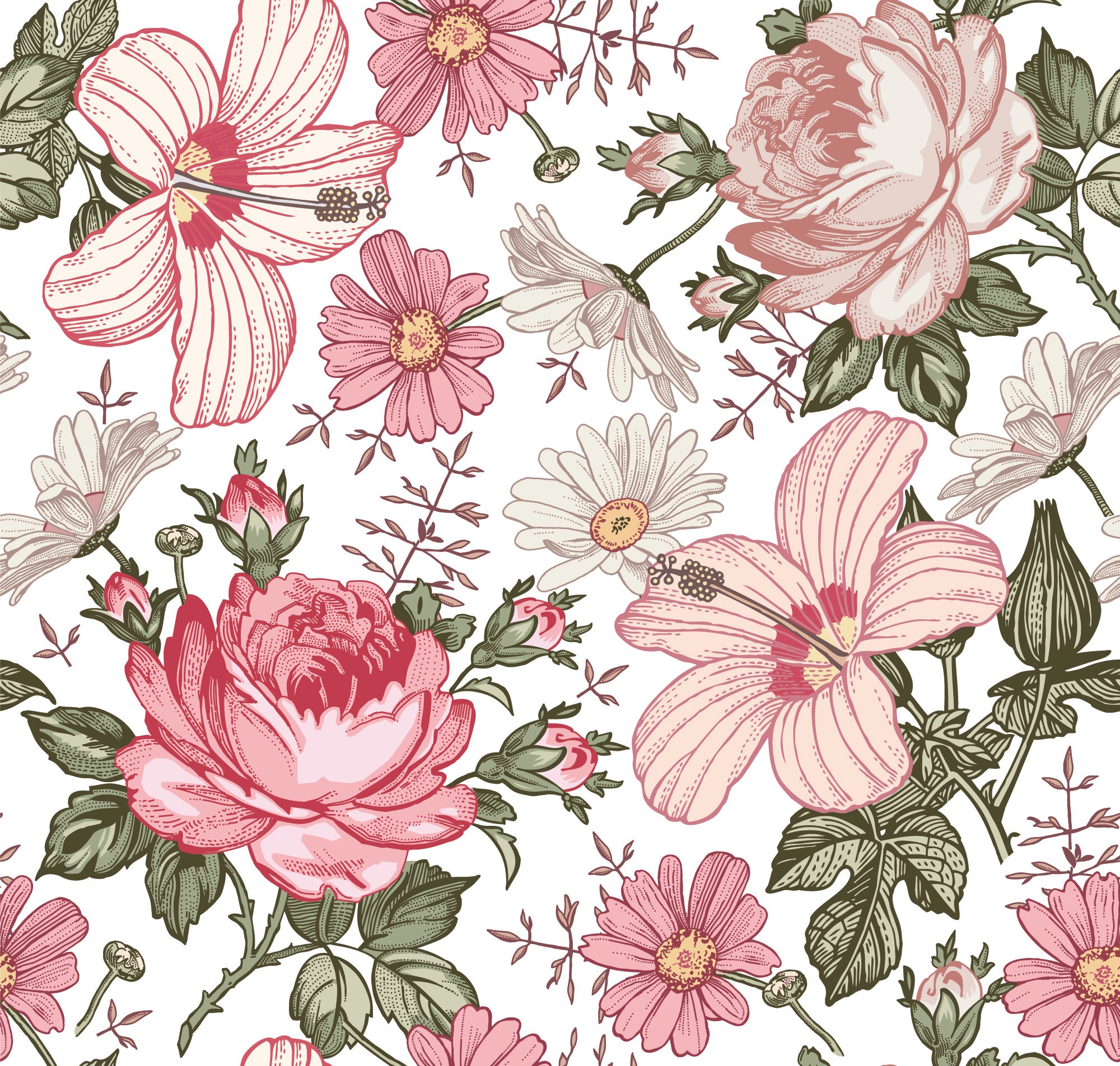 A detailed image of the Floral Wallpaper - Berry Pink, highlighting its intricate and lush botanical print with various flowers in shades of pink, ranging from soft pastels to deep berry hues, set against a white background.