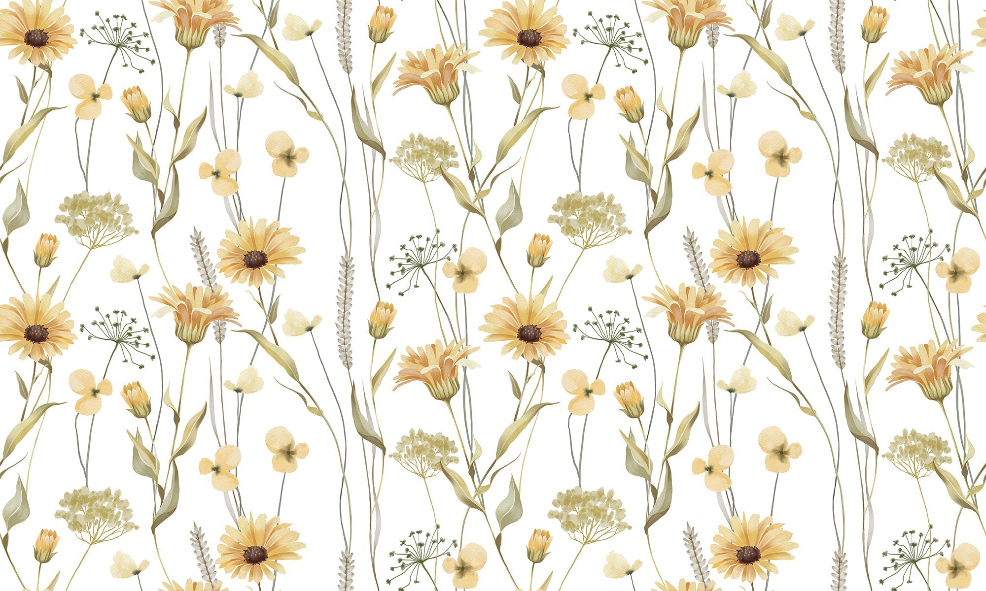 A fullview of the Watercolour Sunflower Wallpaper, highlighting its artful depiction of sunflowers in bloom with watercolor textures that convey a sense of sun-drenched fields and the freshness of spring.