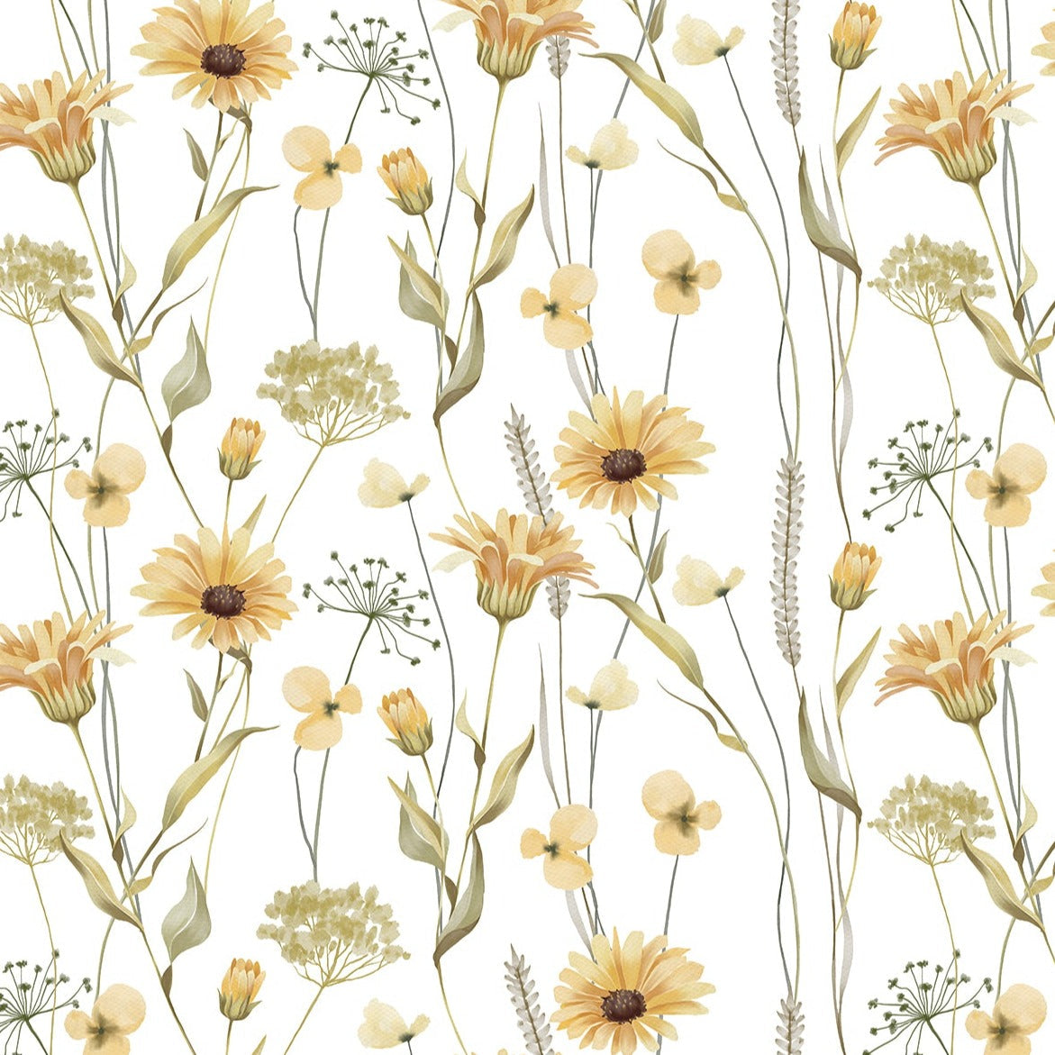 A close-up view of the Watercolour Sunflower Wallpaper, highlighting its artful depiction of sunflowers in bloom with watercolor textures that convey a sense of sun-drenched fields and the freshness of spring.