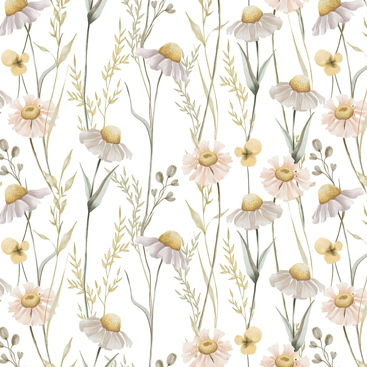 A close-up view of the Watercolour Daisy Wallpaper reveals the soft brushstrokes and gentle hues of the watercolour daisies and foliage, creating a dreamy and romantic floral scene.