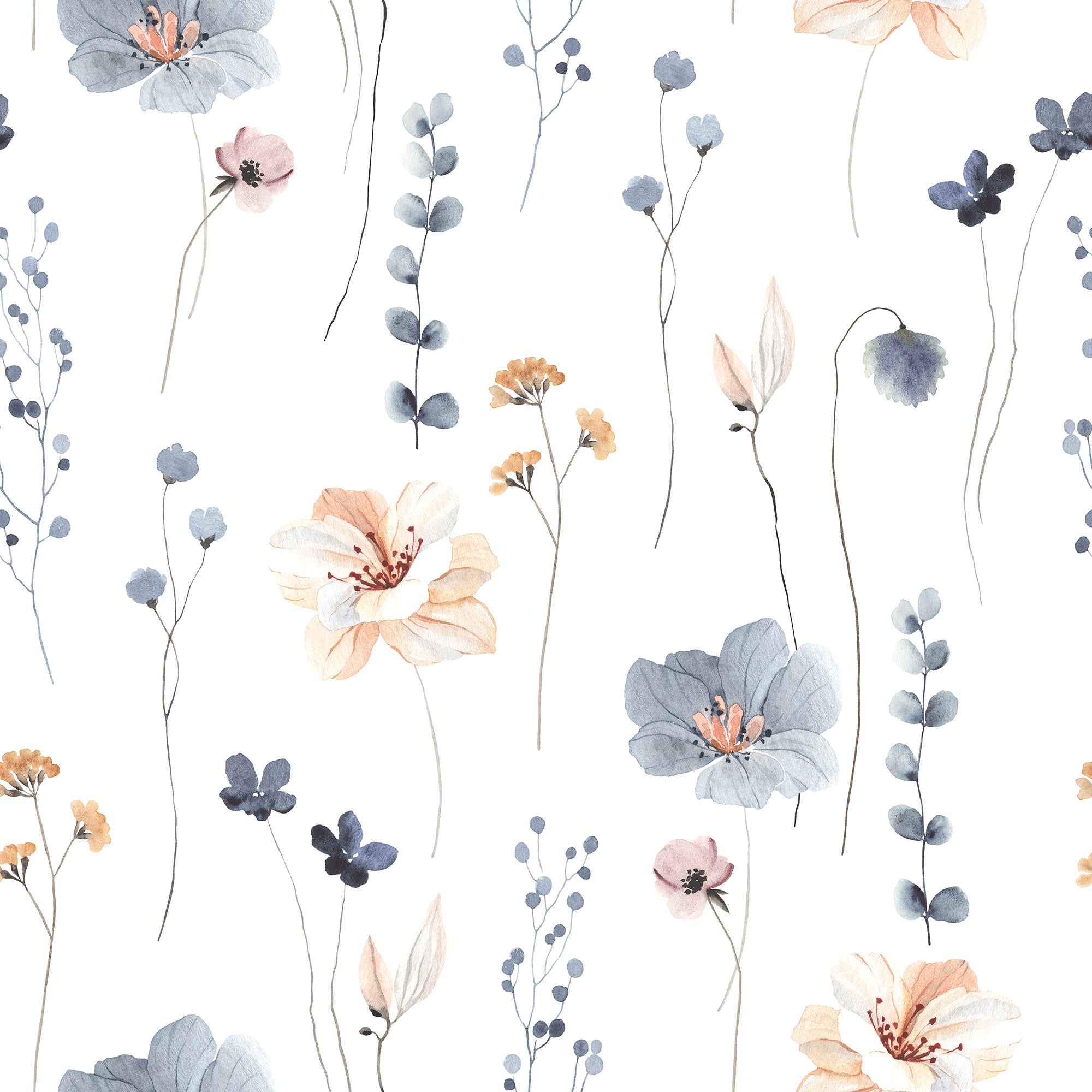 A seamless pattern of the Watercolour Floral - Summer wallpaper, showcasing soft watercolor flowers in shades of blue, peach, and tan on a white background, evoking a breezy summer garden.
