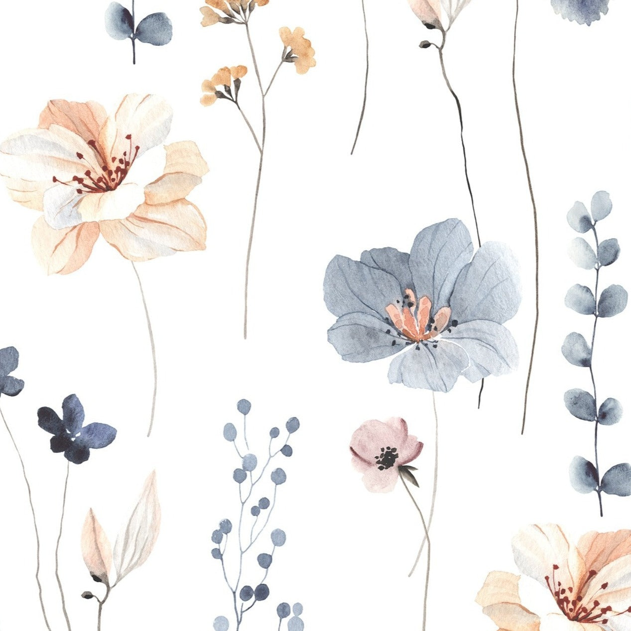 A seamless pattern of the Watercolour Floral - Summer wallpaper, showcasing soft watercolor flowers in shades of blue, peach, and tan on a white background, evoking a breezy summer garden.