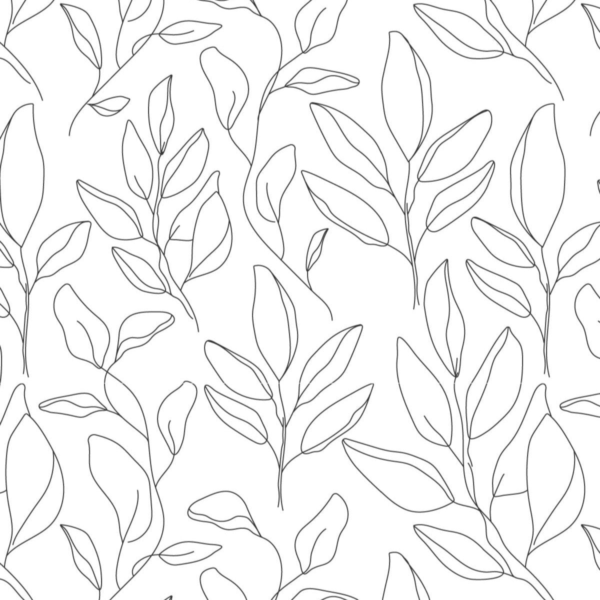 A detailed close-up of the white wallpaper with a black floral design, showcasing the intricate line art of leaves and branches.