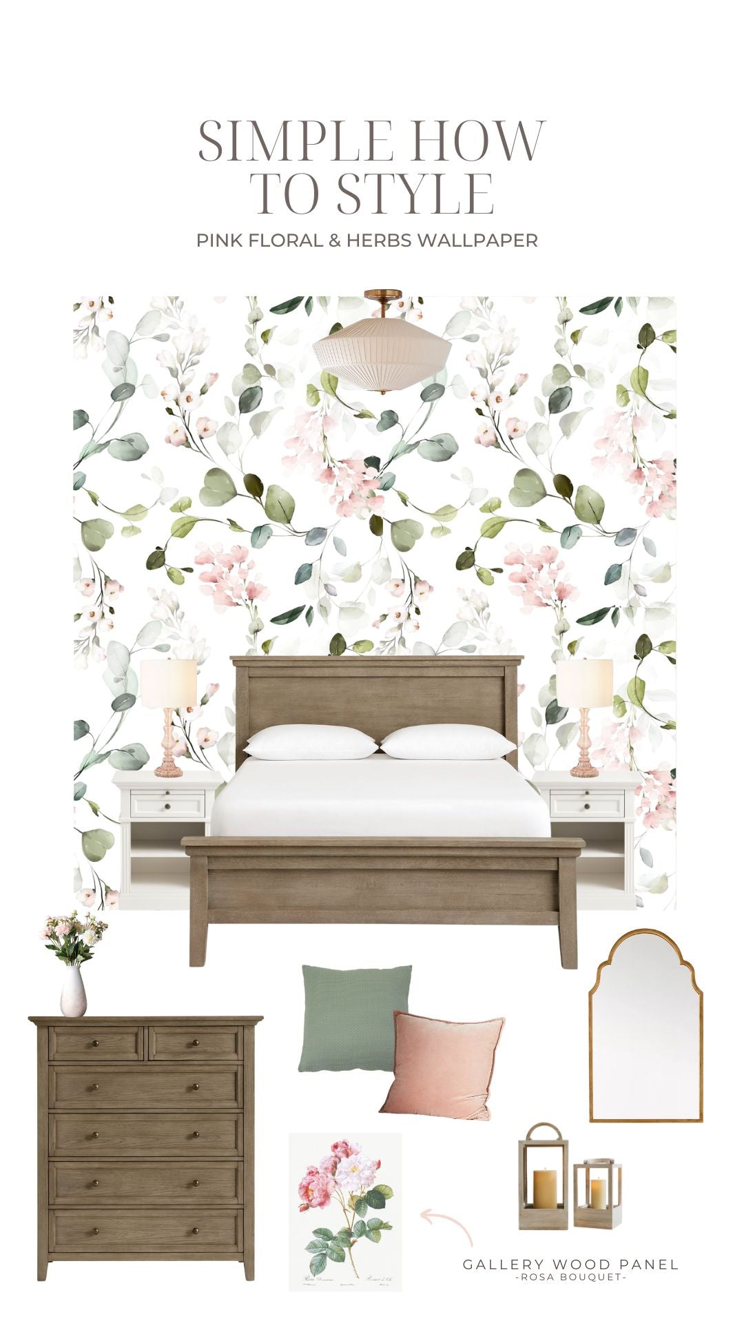 wallpaper, peel and stick wallpaper, Home decor, Pink Floral & Herbs Wallpaper , Floral wallpaper, bedroom wallpaper, pink wallpaper, mixed color wallpapers, green wallpaper, instructions,
