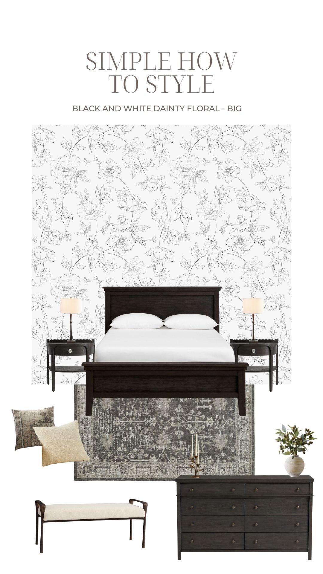 wallpaper, peel and stick wallpaper, Home decor, Dainty floral line wallpaper,  Floral wallpaper, bedroom wallpaper, Black and white wallpaper, instructions, 